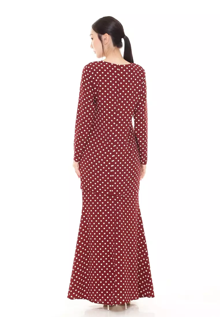 Rina Polka Dot Printed Kurung Basic Modern in Maroon Red