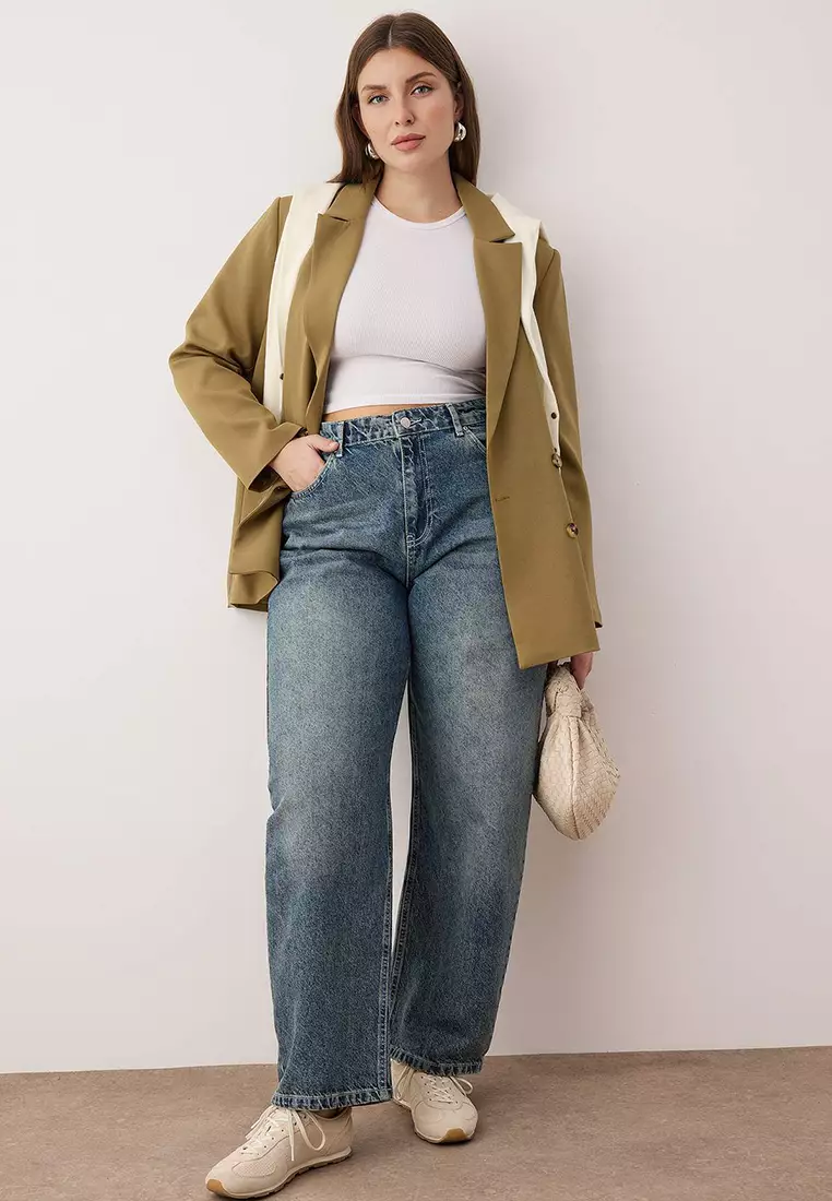 Blue High Waist Barrel Baggy 100% Cotton Non-Stretch Plus Size Jeans Tbbaw26Cj00043