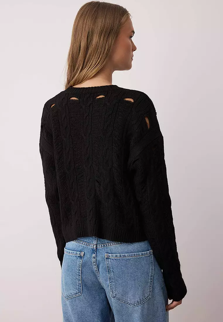 Black Soft Texture Wide Fit Openwork/Hollowed Knitwear Sweater
