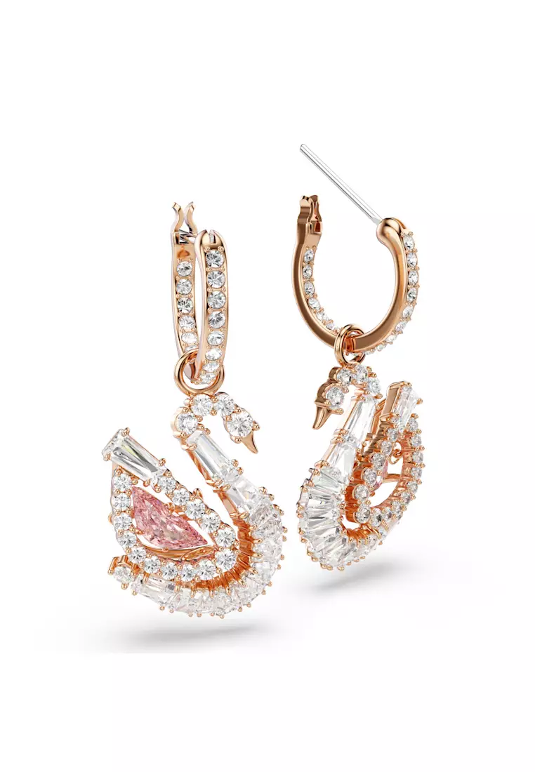 Swan drop earrings, Pavé, Swan, Pink