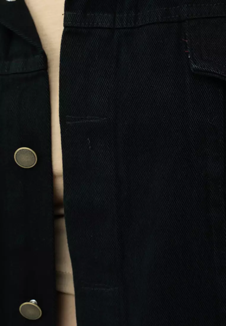 Houseofcuff Jaket Jeans Wanita Polos Tebal Jaket Denim Hitam Unisex