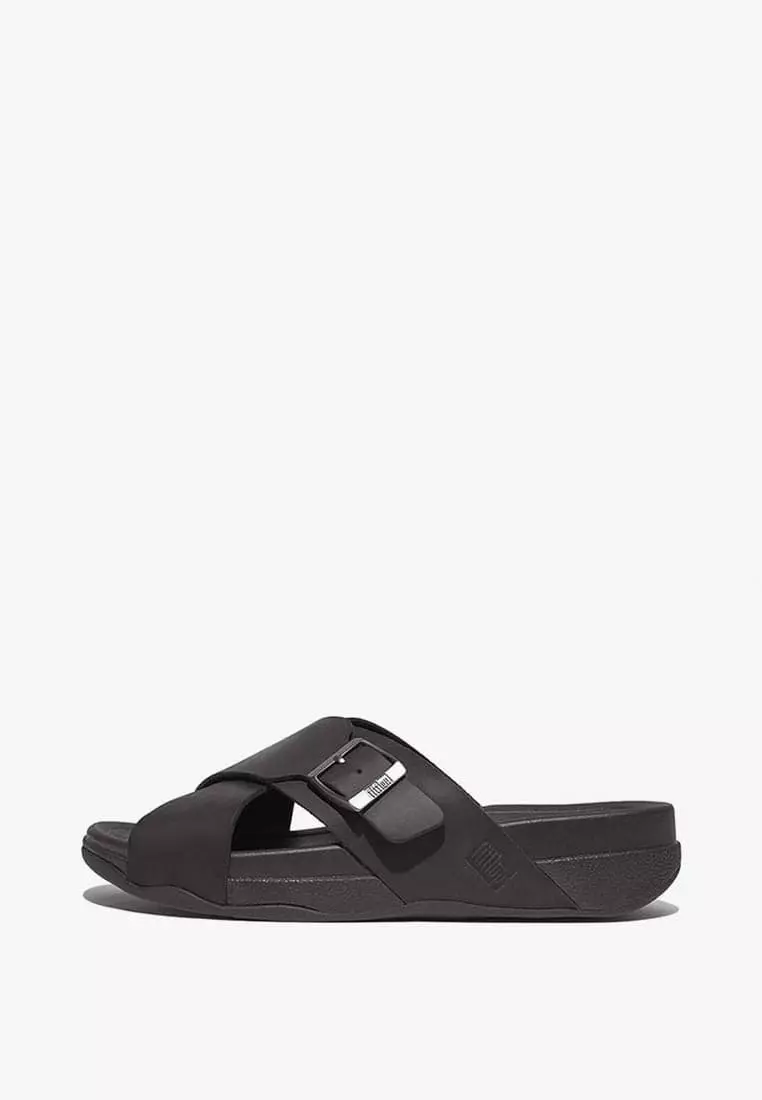 Discount on Fitflop  shoes - SKU: Fitflop Surfer Men's Buckle Nubuck Cross Slides - Black