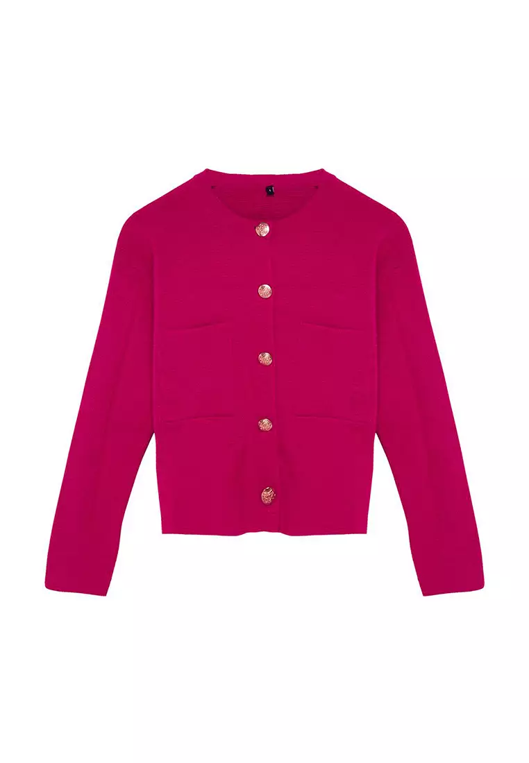 Fuchsia Button Detailed Jacket-Look Knitwear Cardigan Twoaw24Hi00023
