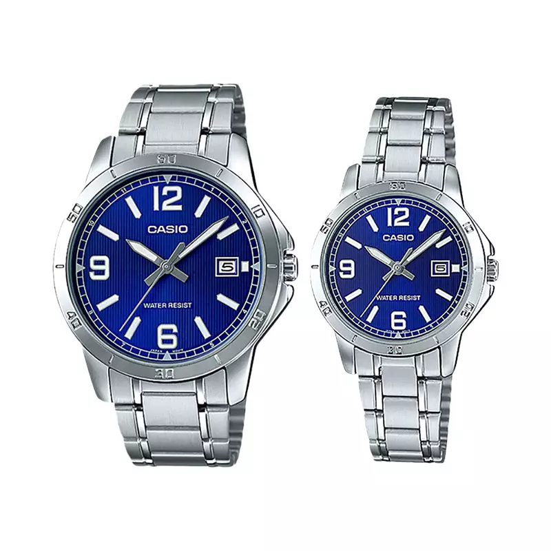 Jam Tangan Couple Casio General LTP-V004D-2BUDF_MTP-V004D-2BUDF Blue Dial Stainless Steel Band