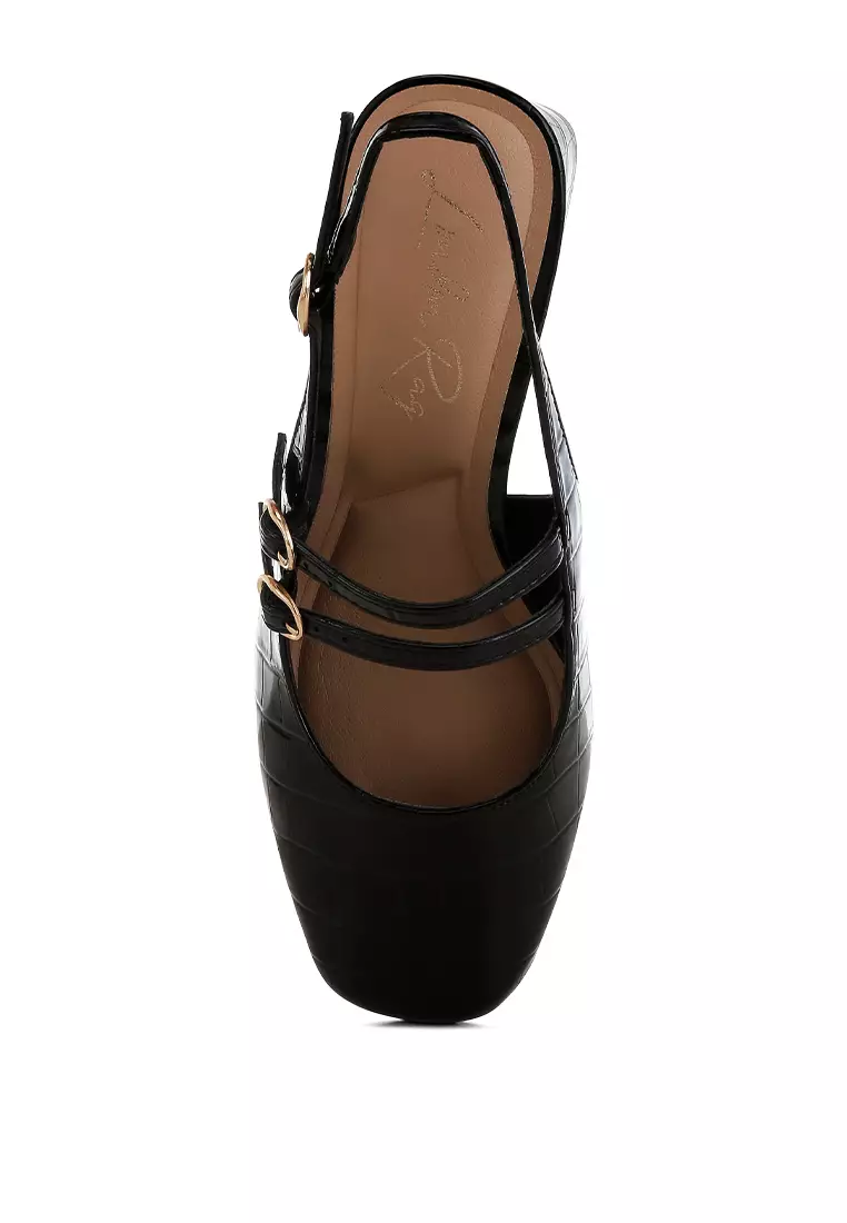 Block Heel Croco Slingback Sandals in Black
