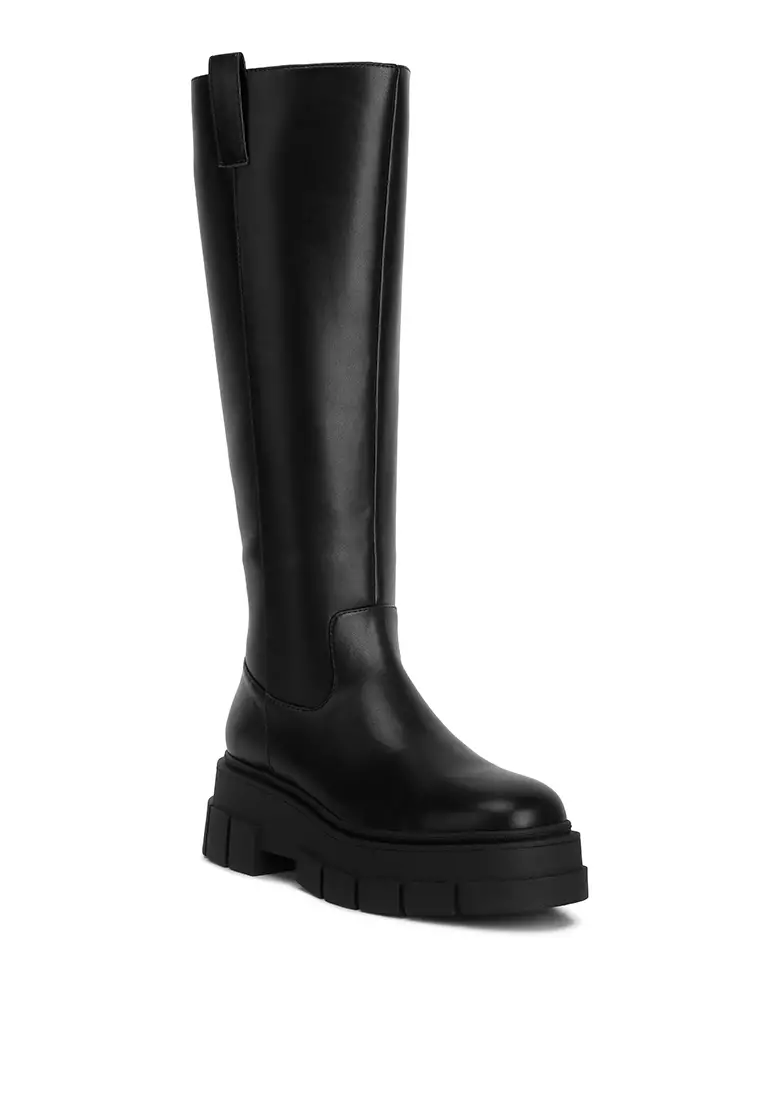 Jual London Rag Black Faux Leather Chunky Platform Knee Length Boots ...