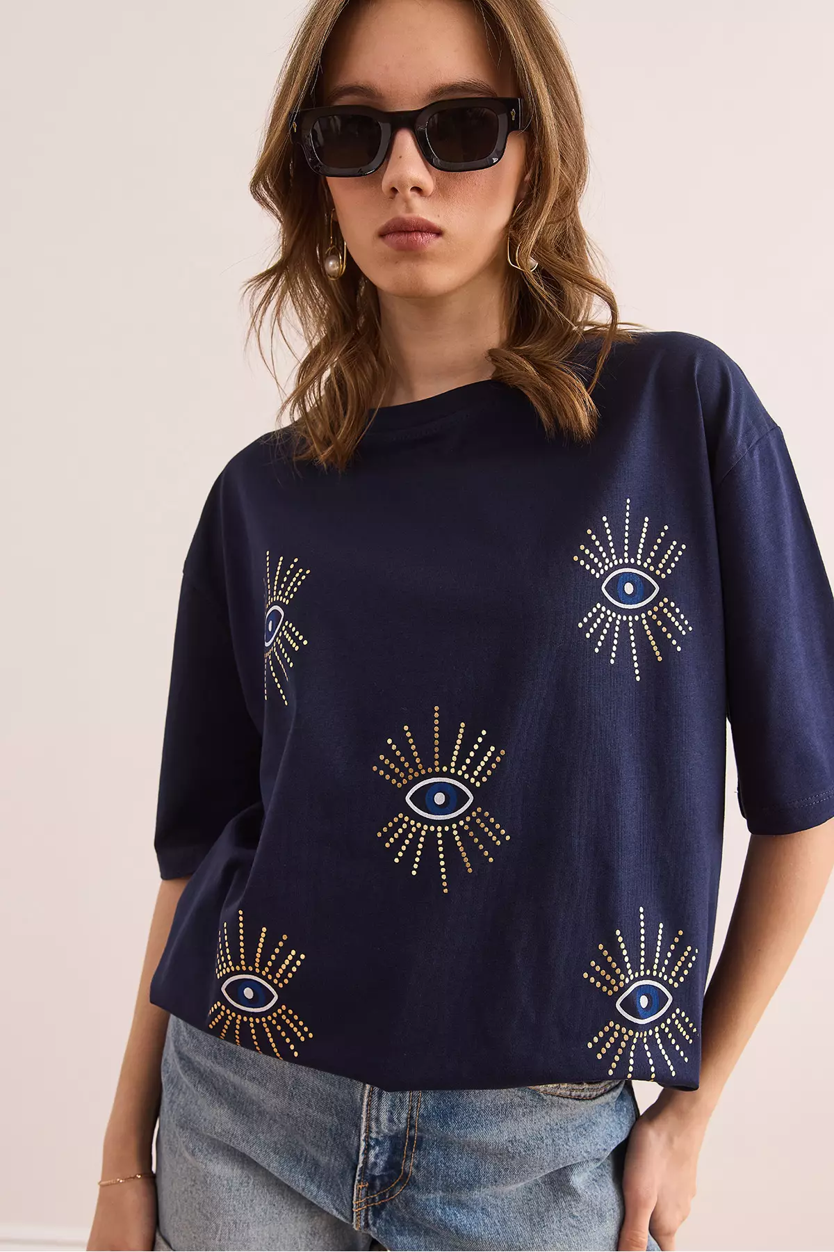 Women's Navy Blue Eye Printed Foil Detailed T-Shirt Tsh- 19000770