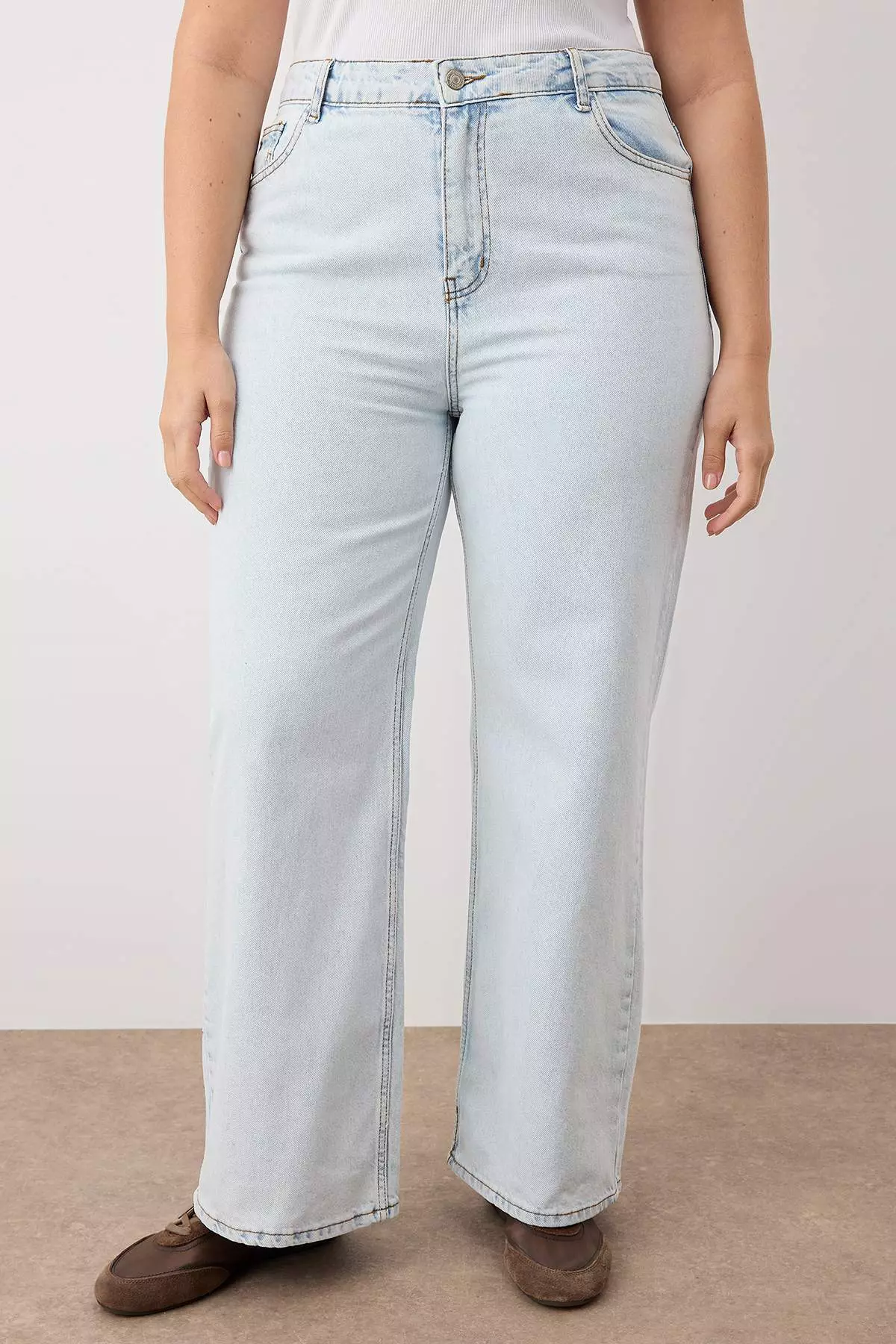 Ice Blue High Waist Wide Leg Denim Plus Size Jeans