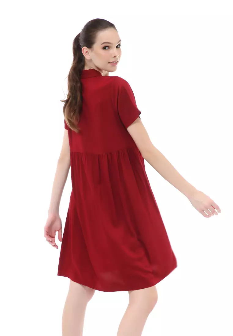 Rachel Dress Wanita Lengan Pendek Full Kancing Stylish Material Cotton ORIGINAL - Maroon