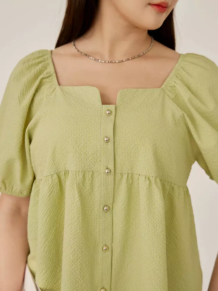Textured Fabric Square Neck Puff Sleeve A-Line Top [AB19566]