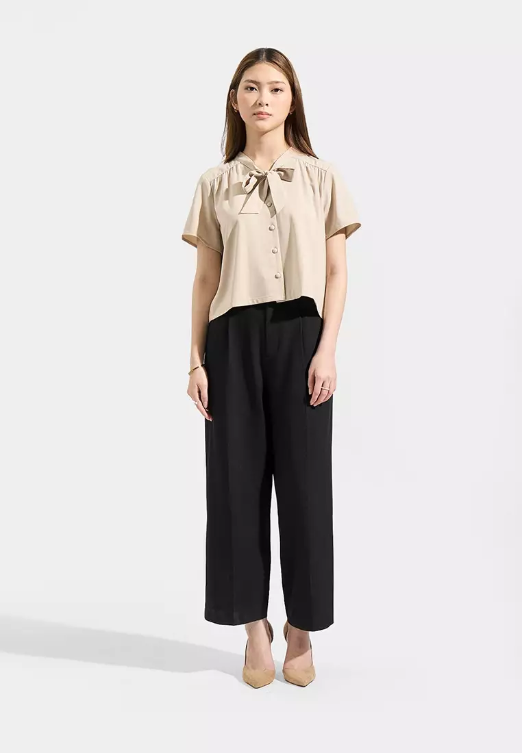 Button Down V-Neck with Tie Blouse