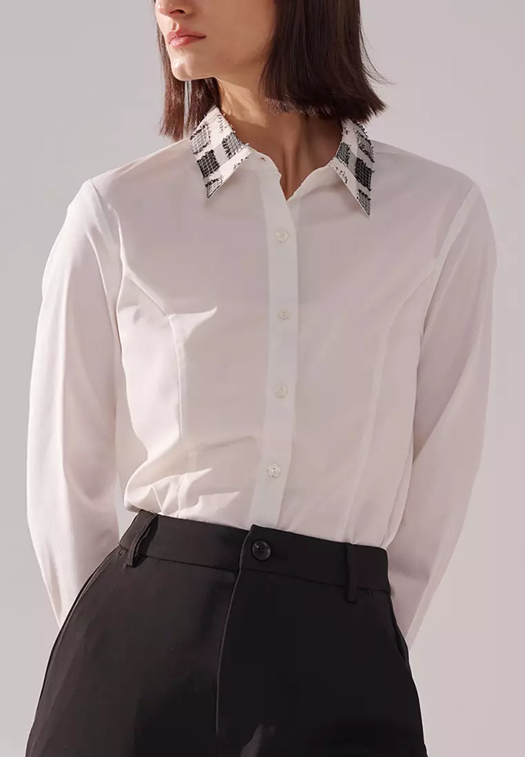Check Collar White Skinny Shirt