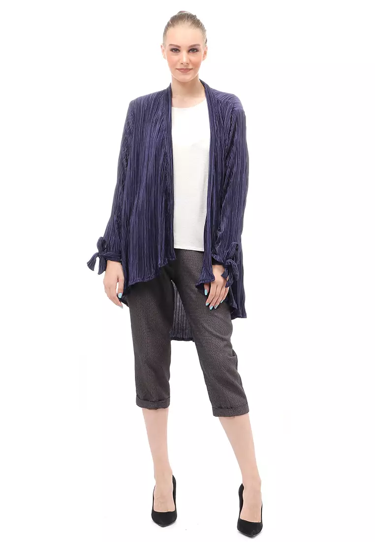Sunniva Outerwear Wanita Long Sleeves Motif Plisket Model Asimetris Relaxed Fit - Navy