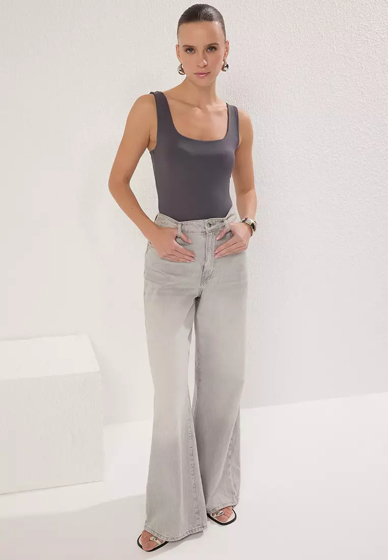 Anthracite Fitted/Fits on the Body with Back Detail Square Neck Snap Elastic Knitted Bodysuit TWOSS24BD00026