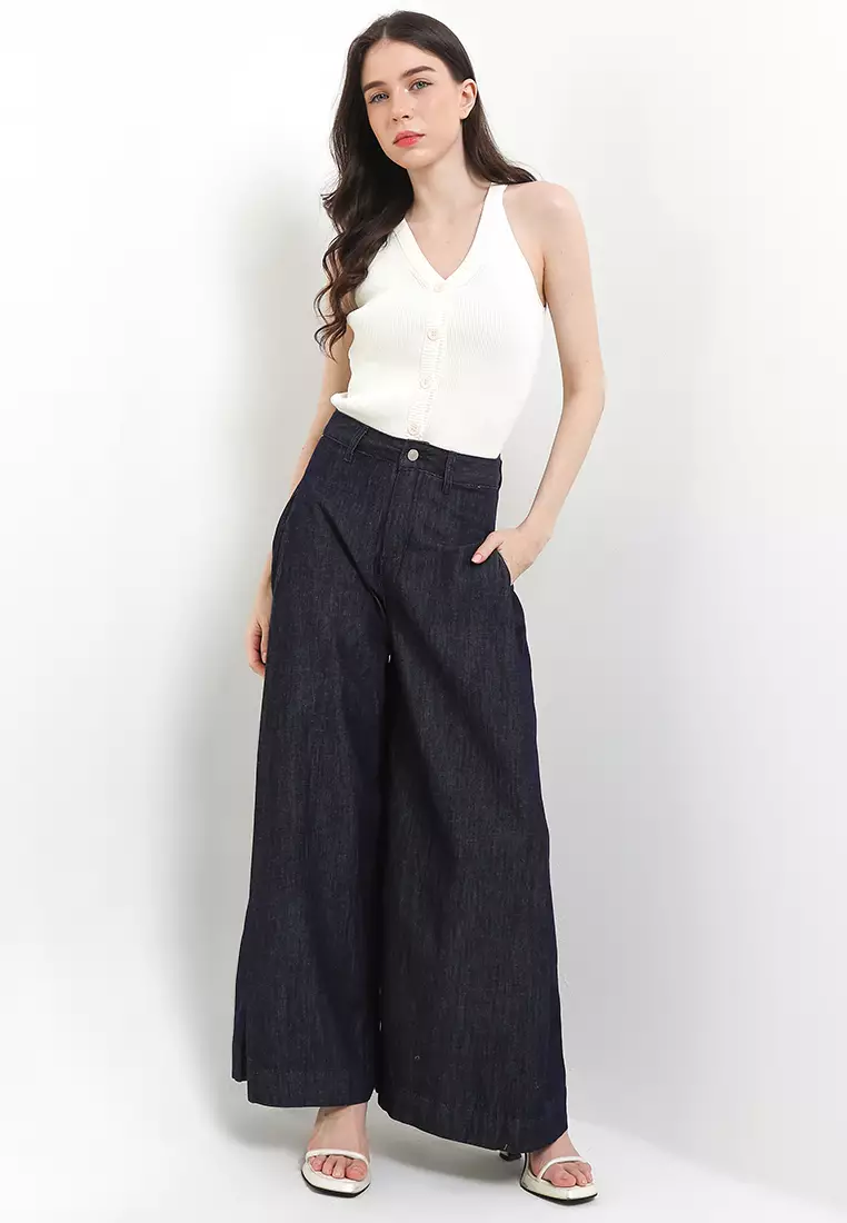 Inverted Side Pleats Wide Legs Denim Trousers W/ Pocked