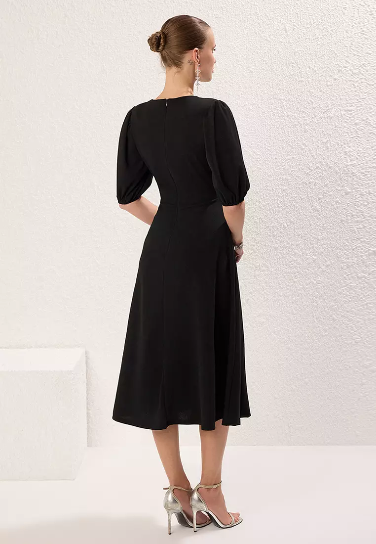 Black A-Line Bow Knitted Elegant Evening Dress Graduation Dress TPRSS25EL00234