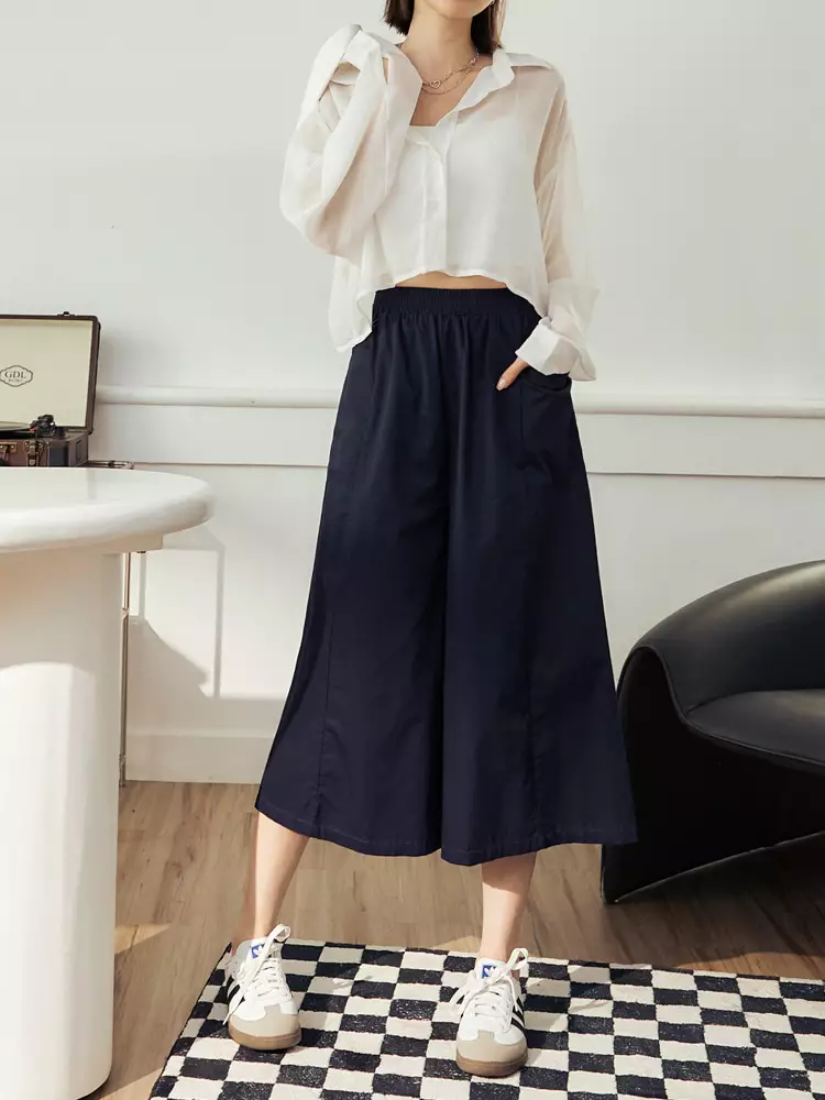 Cotton Elastic Waist Wide-Leg Cropped Trousers [BA3858]