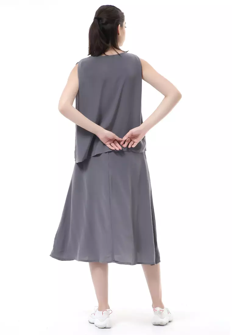 Nayra Set Atasan Wanita Setelan Tanpa Lengan with Long Skirt Motif Polos Material Chiffon Cathy ORIGINAL - Dusty Blue