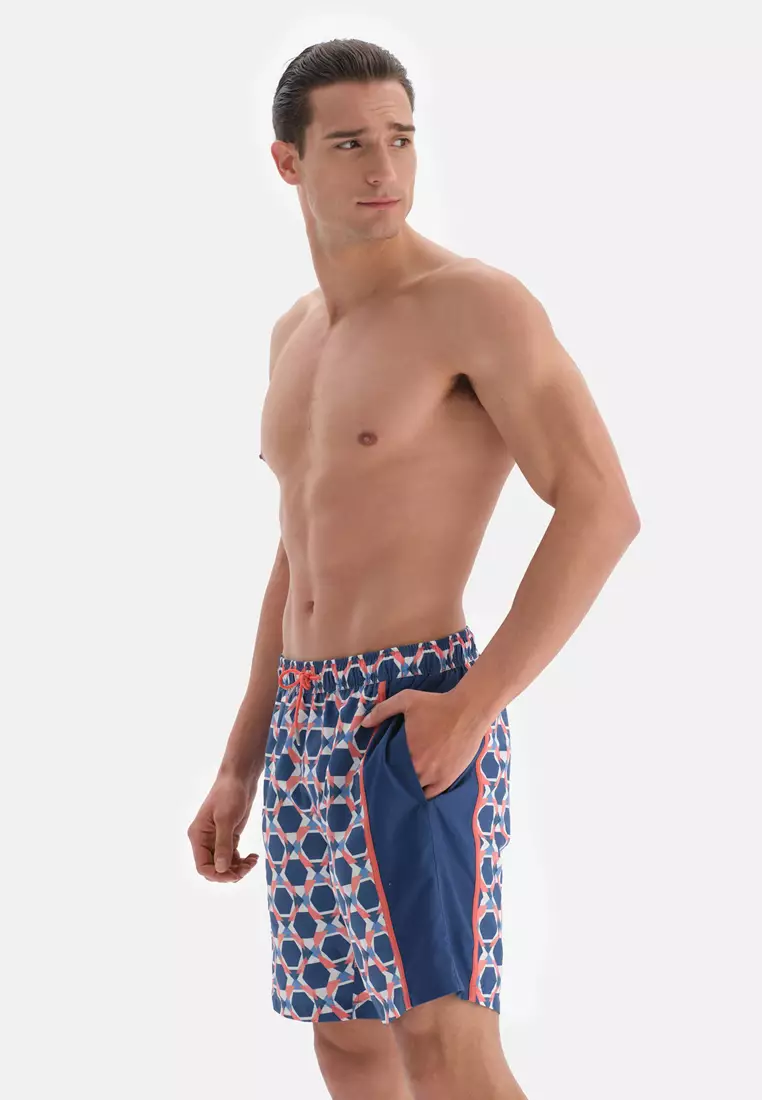 Salmon Shorts, Geometric Print, Long Leg, Swimwear for Men