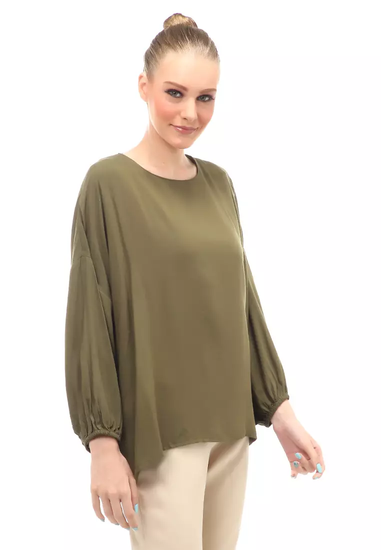Blouse Motif Polos Design Simple Lengan Puff Atasan Wanita Casual - Olive