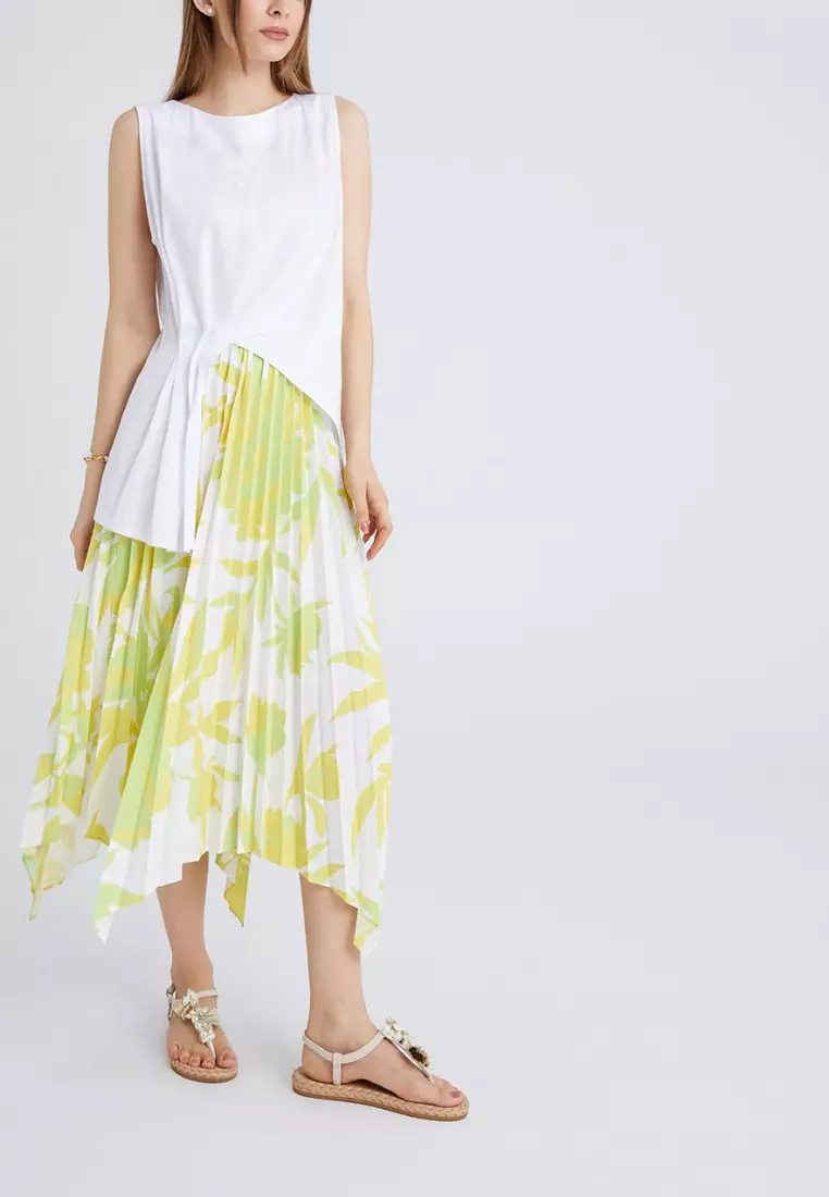 Floral Print Pleated Asymmetrical Hem Skirt