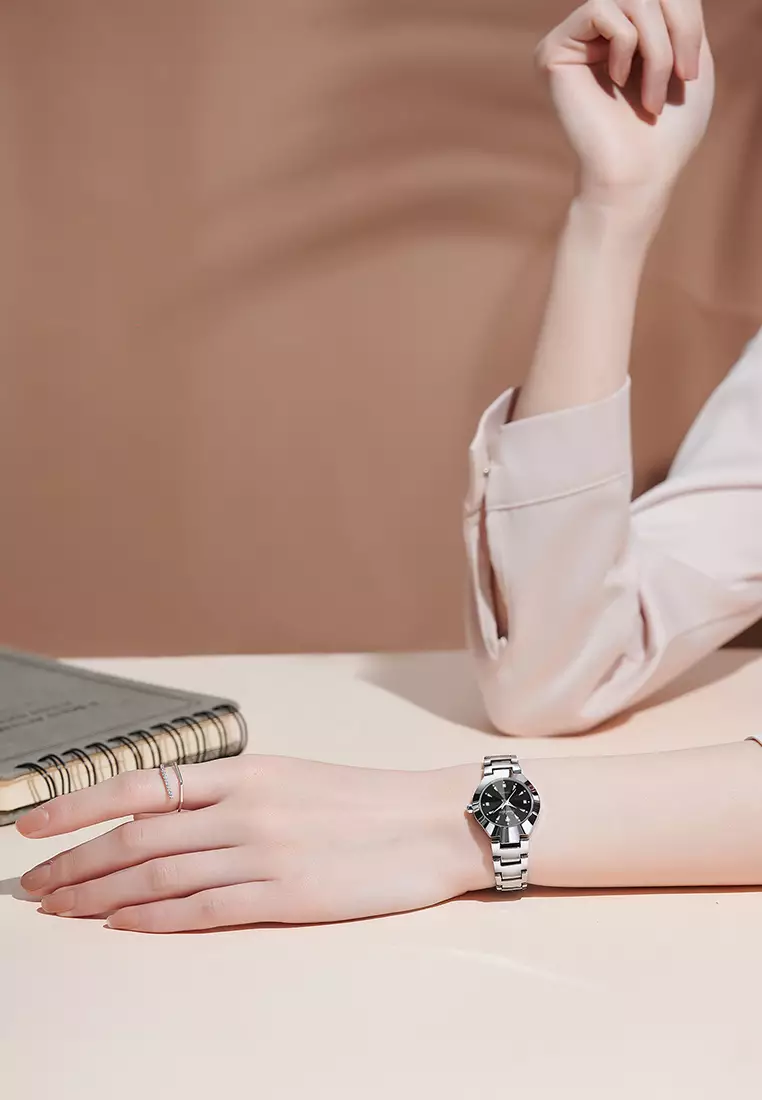 9090 Jam Tangan Wanita Original Berlian Anti Air Kuarsa Bisnis Santai Wanita Jam Tangan Cewek (Kotak Gratis) silver black