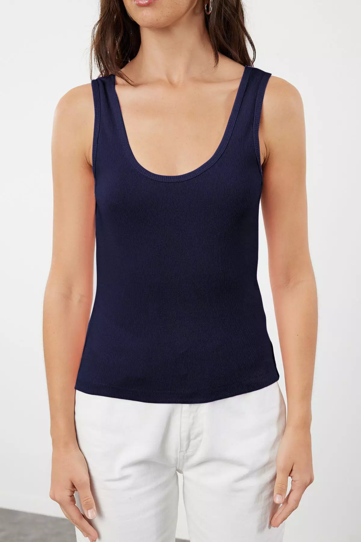Navy Blue Color Block Fitted Pool Collar Elastic Knitted Tank Top