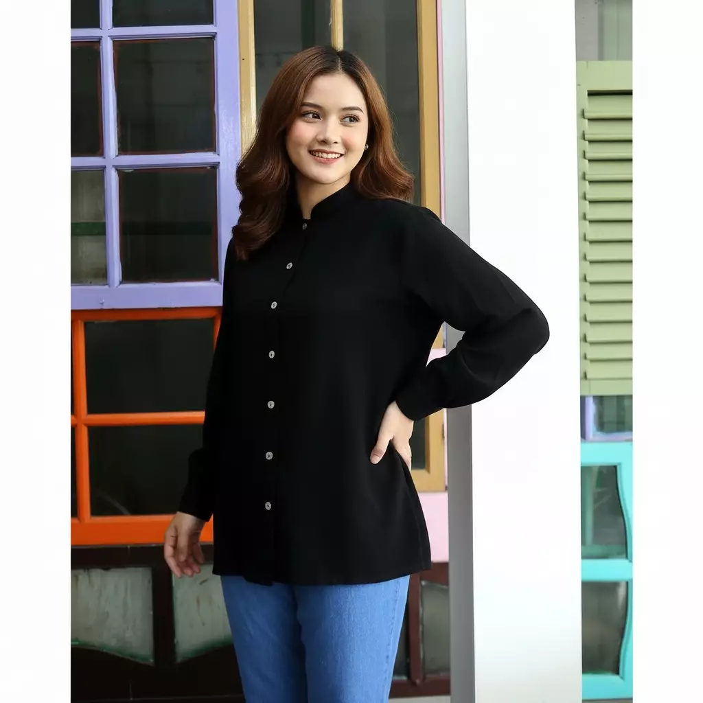 Katrina Cotton Blouse - Atasan Kemeja Polos Wanita HITAM