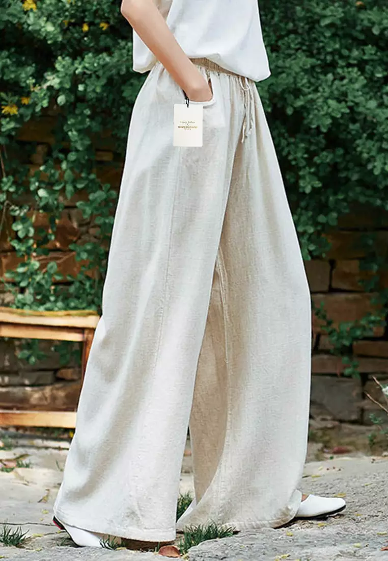 Drawstring Waist Linen Wide-leg Pants BXF2363