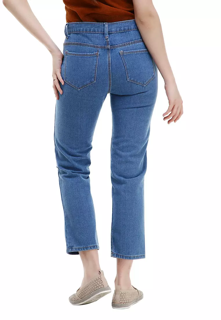Tyler Celana Jeans High Waist Boyfriend Ripped Bawahan Wanita Design Simple - Biru Medium