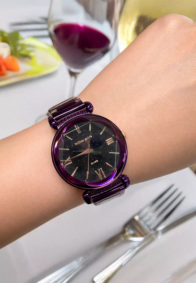 Romish Watch Embellished with Glittering Crystals - Purple and Black