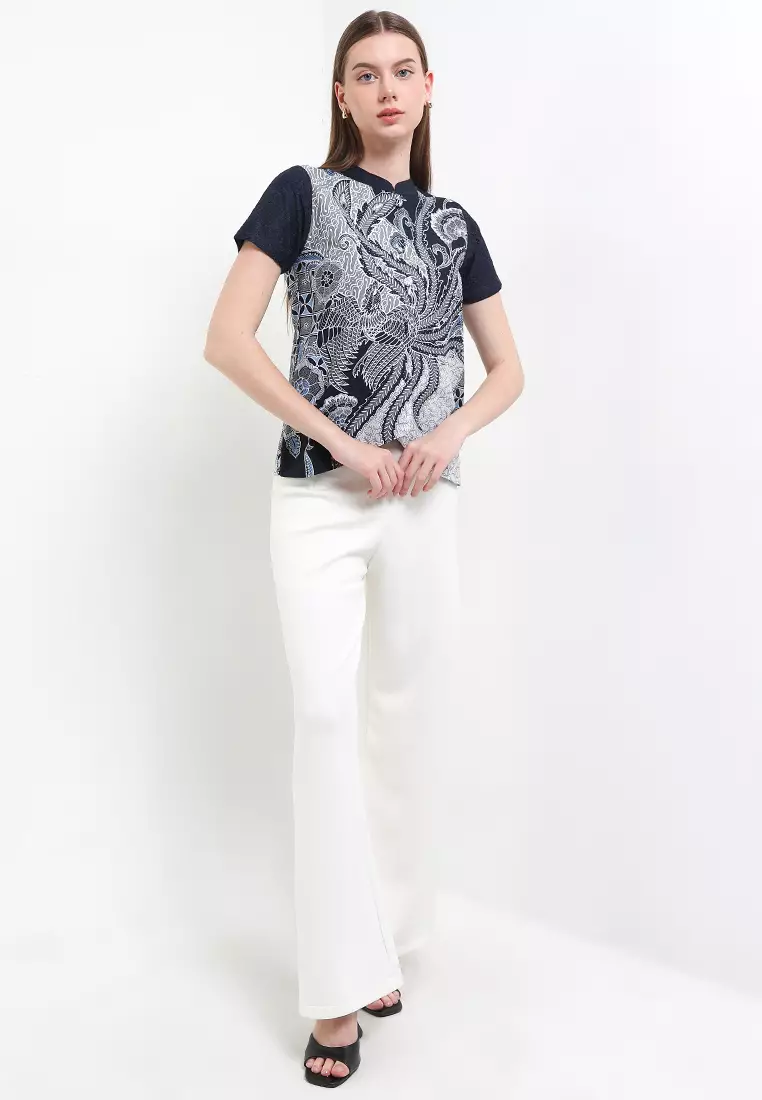 Blouse Atasan Batik Wanita Lengan Pendek Bernanda Navy