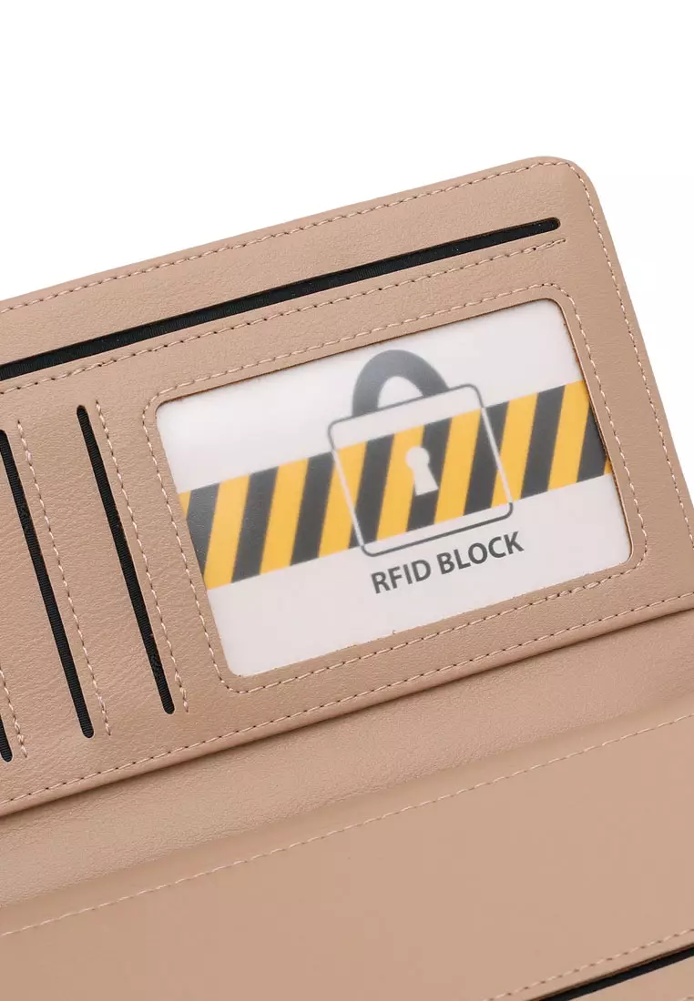 Women's RFID Magnet Button Bi Fold Leather Long Wallet / Purse