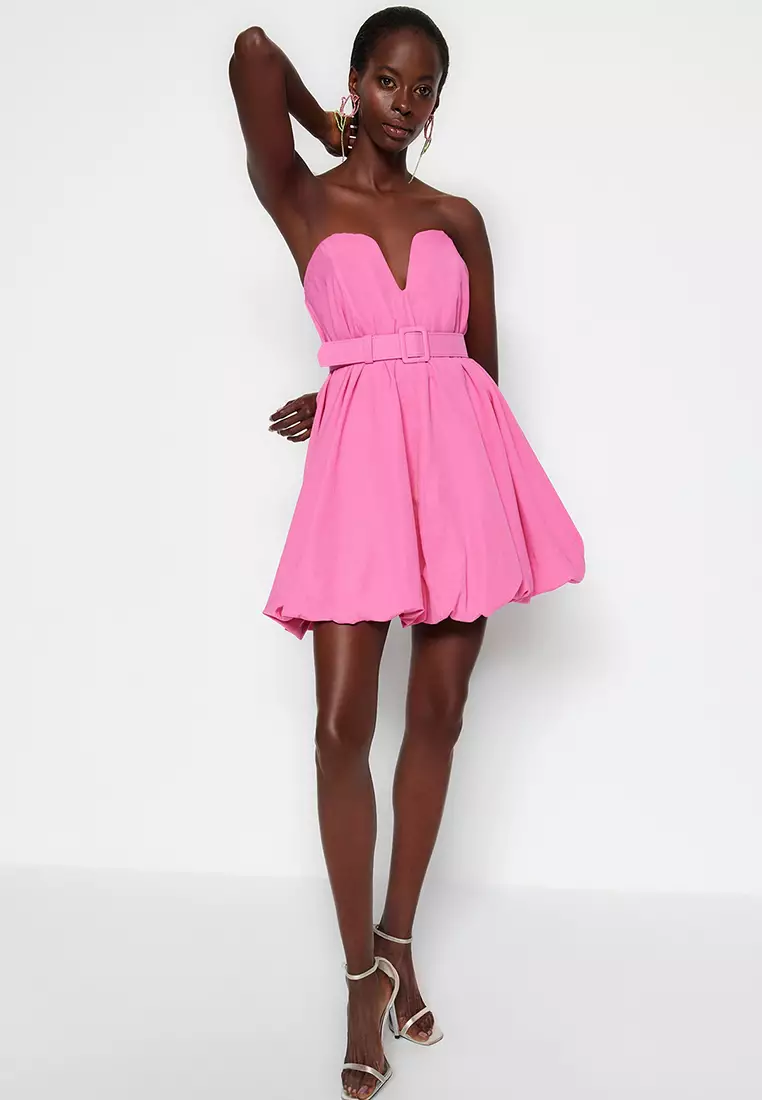 Balloon Poplin Evening Dress Belt Detailed