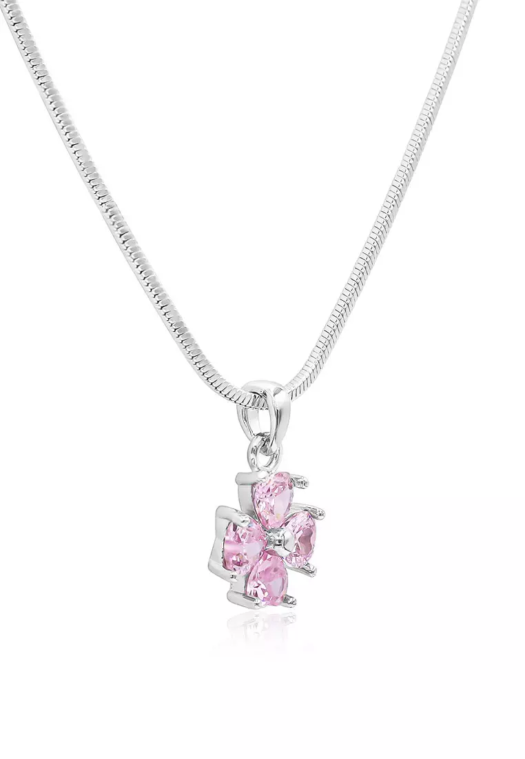 Alette Clover Pink Diamond Simulant Zirconia Pierced Stud Earrings with Pendant Chain Necklace Jewelry Gift Set