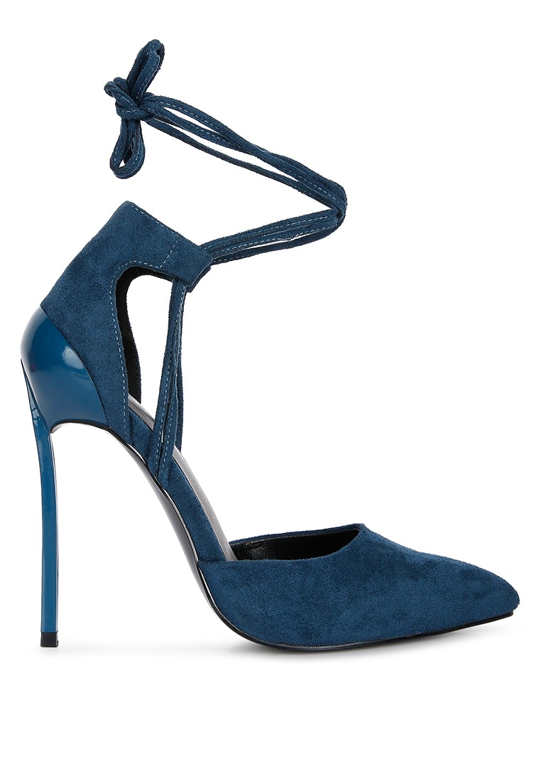 Dark Blue Lace Up Stiletto Heel Suede Sandals