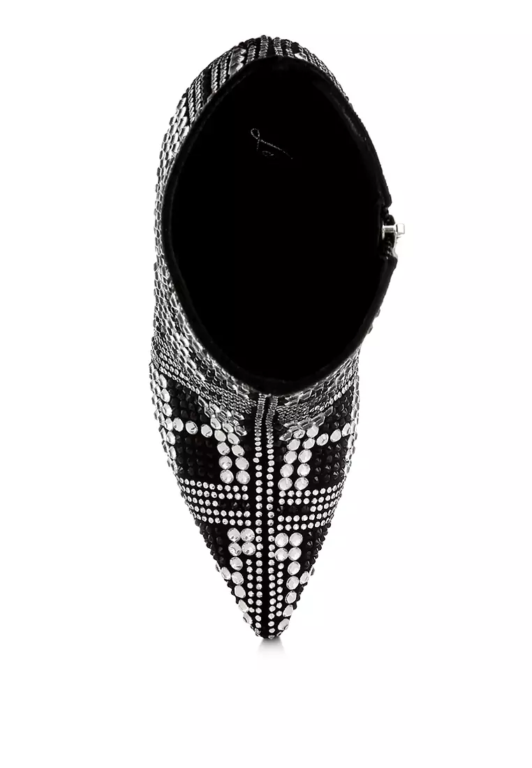 Rhinestones Studded Stiletto Heel Boots in Black