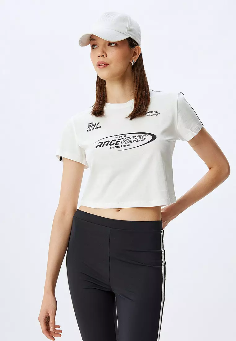 Crop Printed Bias Crew Neck Short Sleeve Cotton T-Shirt