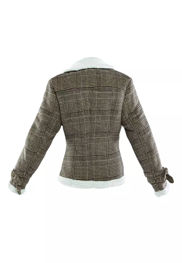Jaket Musim Dingin Kotak-kotak Shearling Collar Coklat