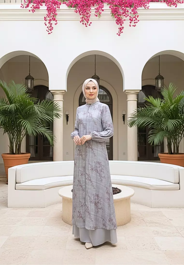 Gamis Wanita Motif Floral Stone Blue Premium Dress Muslimah Elegan Lengan balon By Brilliant Girl Warna BIRU