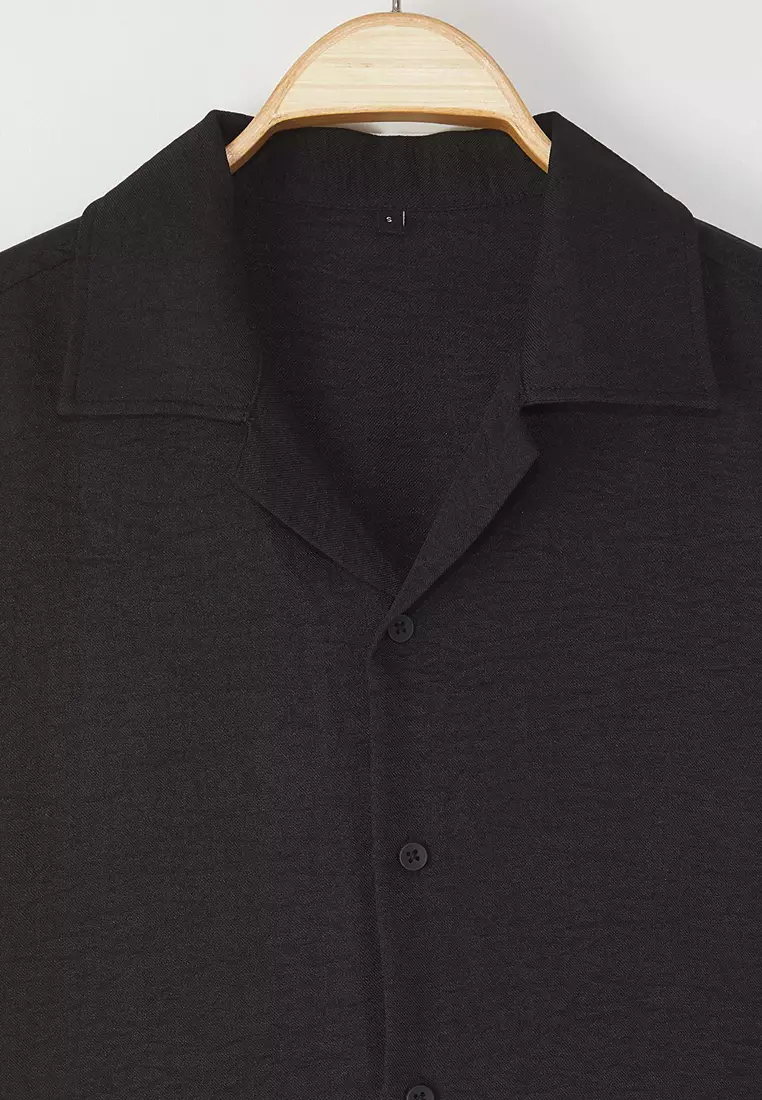 Black Regular Fit Linen Look Loose Loose Shirt TMNSS25GO00075