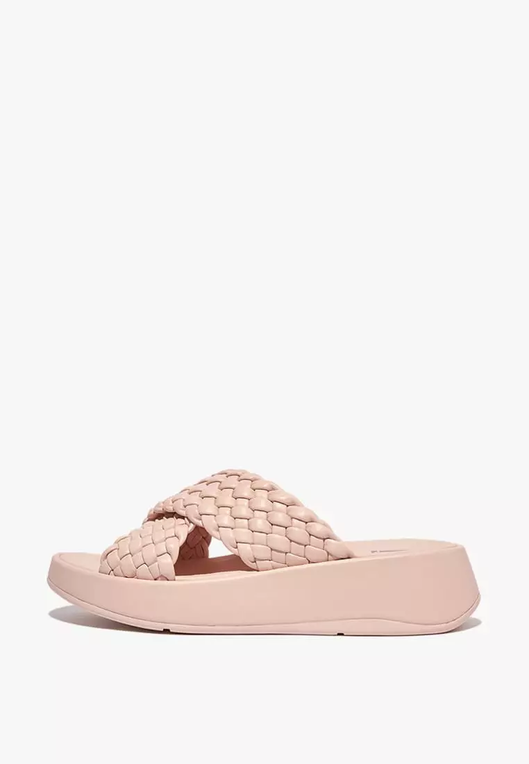 Discount on Fitflop  shoes - SKU: F-Mode E01 Woven Leather Cross Slides - Rose Foam