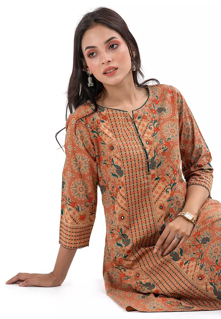 Le Reve 棕色印花装饰 A 字形束腰外衣