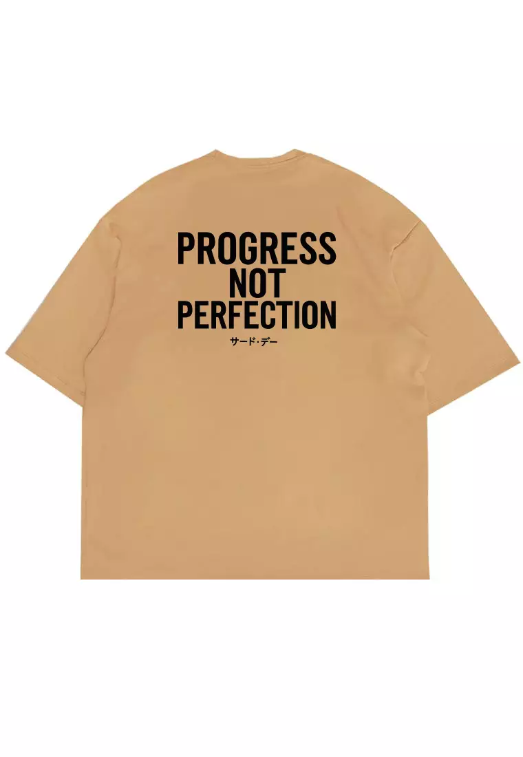 MTW11 Kaos Oversize Gym Bahan Scuba Tebal Scubalux "progress not perfection" khaki