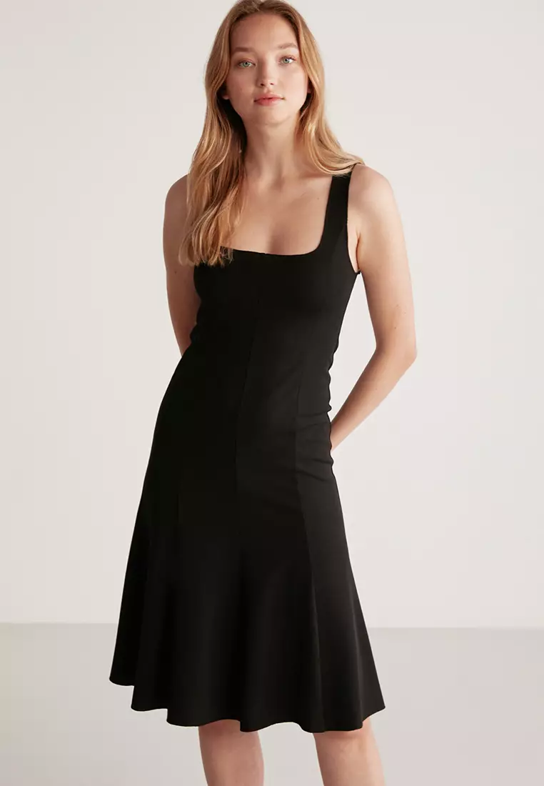 GRIMELANGE Maggie Skater Waist Opening Pieced Skirt Square Neck Crepe Knitted Mini Dress