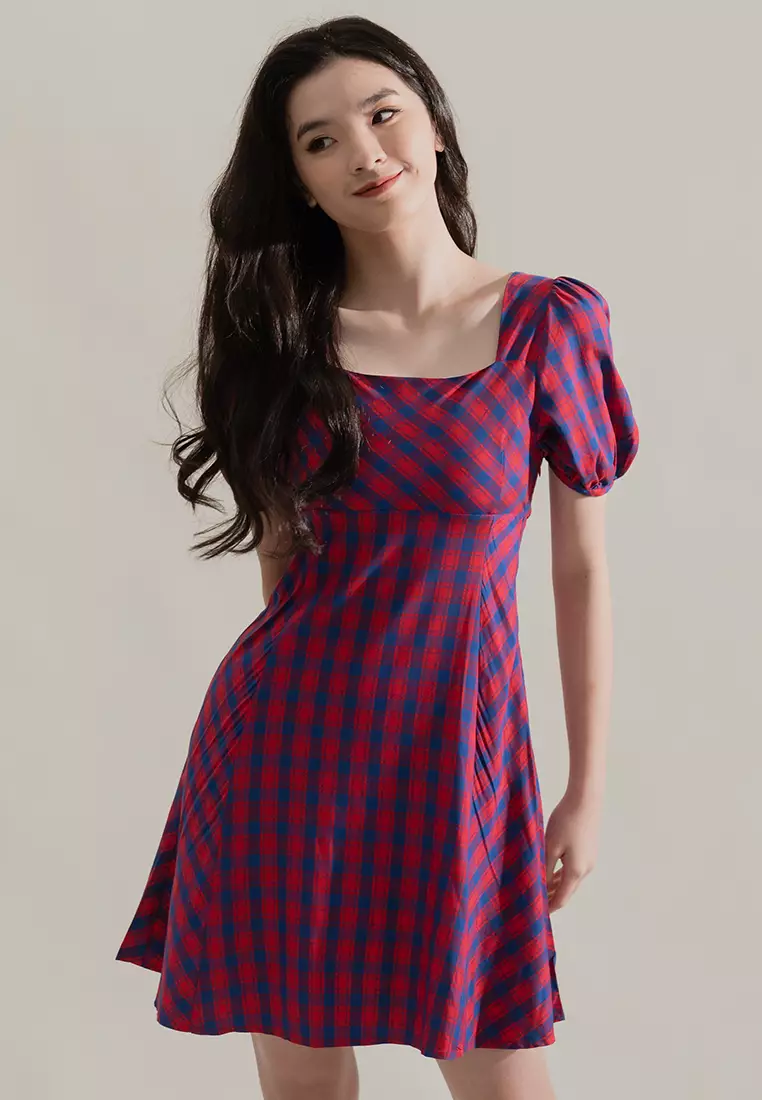 Sweetheart neck tartan top print insert dress