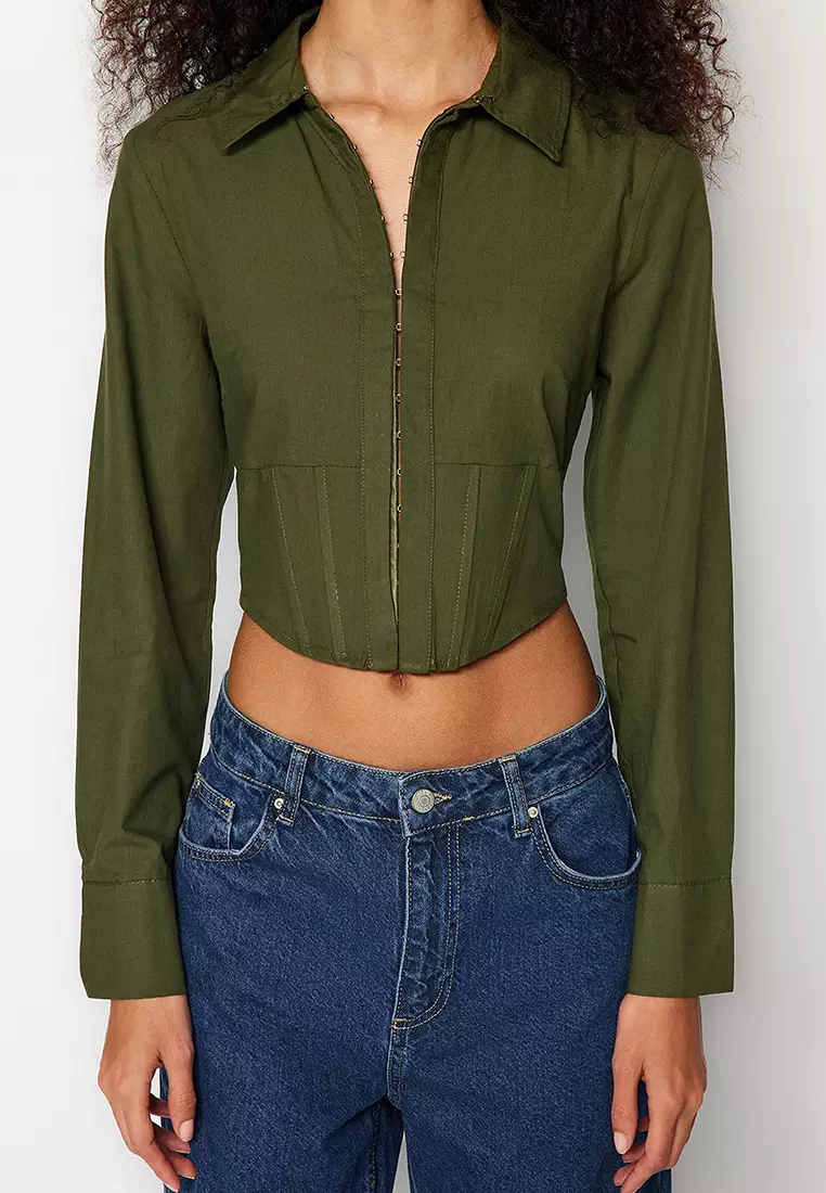 Buy Khaki Green Long Sleeve Corset Top from Next