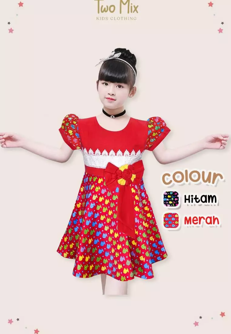 Two Mix Baju Anak Perempuan - Dress Anak Cantik Bahan Satin Usia 1-12 Tahun Y850 Merah