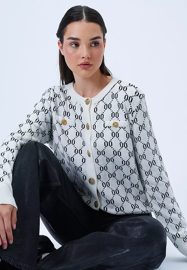 Buttoned Crew Neck Knit Cardigan For Women In Dark Gray Soft Loose Fit Spring Collection Versatile Wardrobe Essential main image 0
