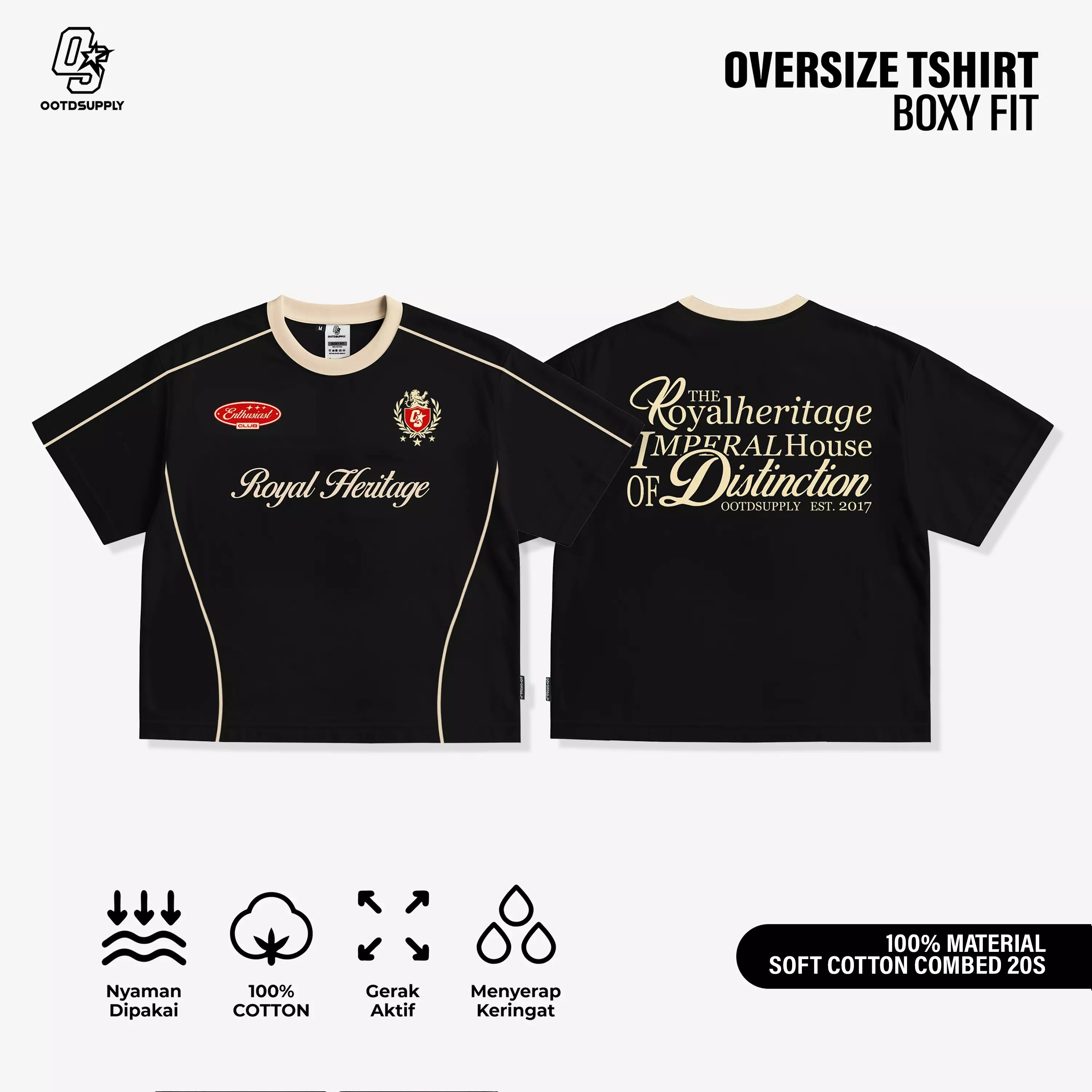 OOTDSUPPLY Tshirt Boxyfit Curveline Royal Heritage Black Cream l Tshirt Oversize Boxyfit Unisex Royal Series | Kaos Double List Premium Pria dan Wanita | OS-OVZ-CVL-BLC-001